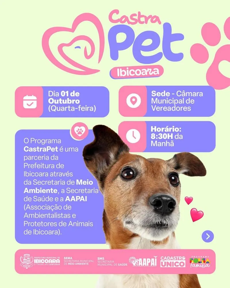A Prefeitura de Ibicoara em parceria com a AAPAI estará lançando nesta quarta, dia 01 de outubro, o programa CastraPet